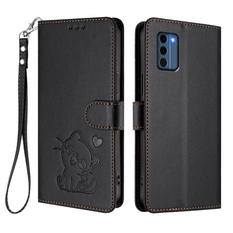 For Nokia C300 Embossed Heart Cat Leather Phone Case with Hand Strap