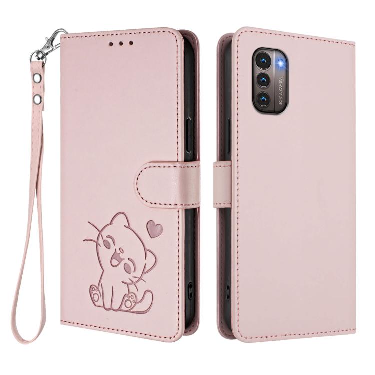 For Nokia G21 4G / G11 4G Embossed Heart Cat Leather Phone Case with Hand Strap