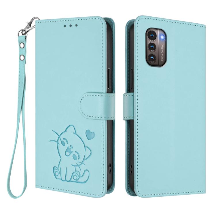 For Nokia G21 4G / G11 4G Embossed Heart Cat Leather Phone Case with Hand Strap