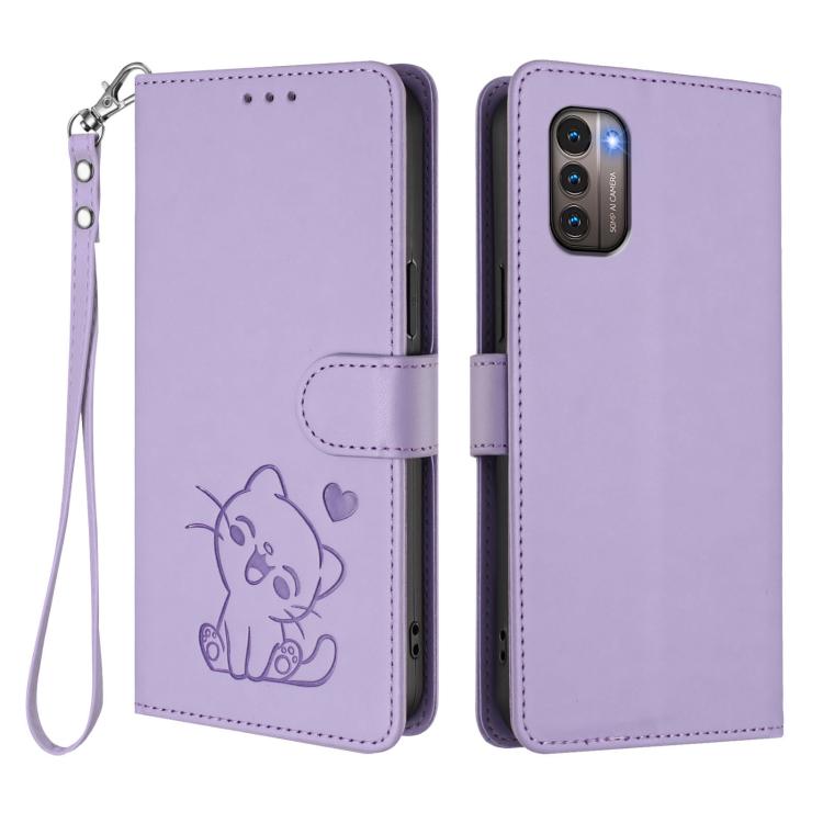 For Nokia G21 4G / G11 4G Embossed Heart Cat Leather Phone Case with Hand Strap