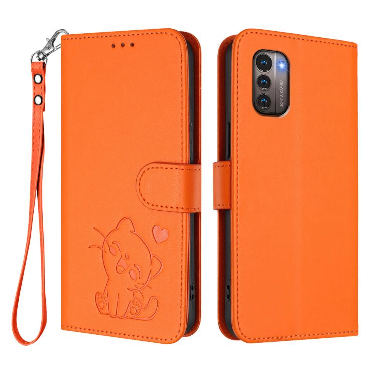 For Nokia G21 4G / G11 4G Embossed Heart Cat Leather Phone Case with Hand Strap