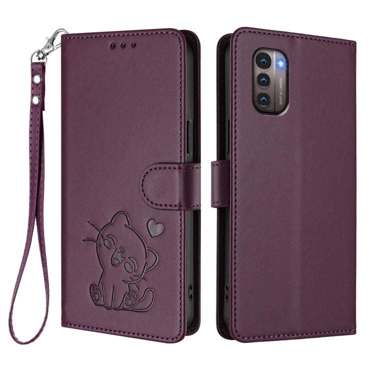 For Nokia G21 4G / G11 4G Embossed Heart Cat Leather Phone Case with Hand Strap