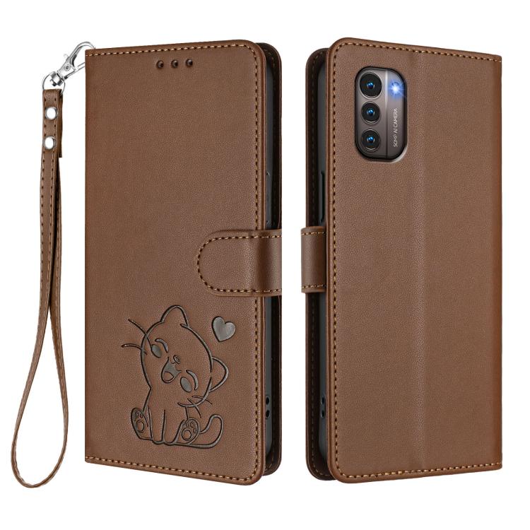 For Nokia G21 4G / G11 4G Embossed Heart Cat Leather Phone Case with Hand Strap
