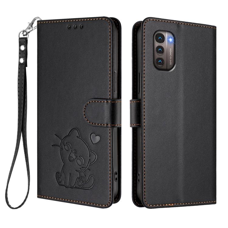 For Nokia G21 4G / G11 4G Embossed Heart Cat Leather Phone Case with Hand Strap