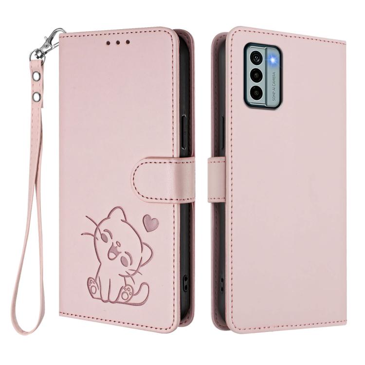 For Nokia G22 Embossed Heart Cat Leather Phone Case with Hand Strap