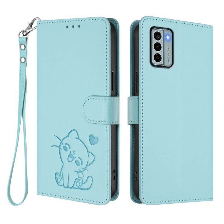 For Nokia G22 Embossed Heart Cat Leather Phone Case with Hand Strap