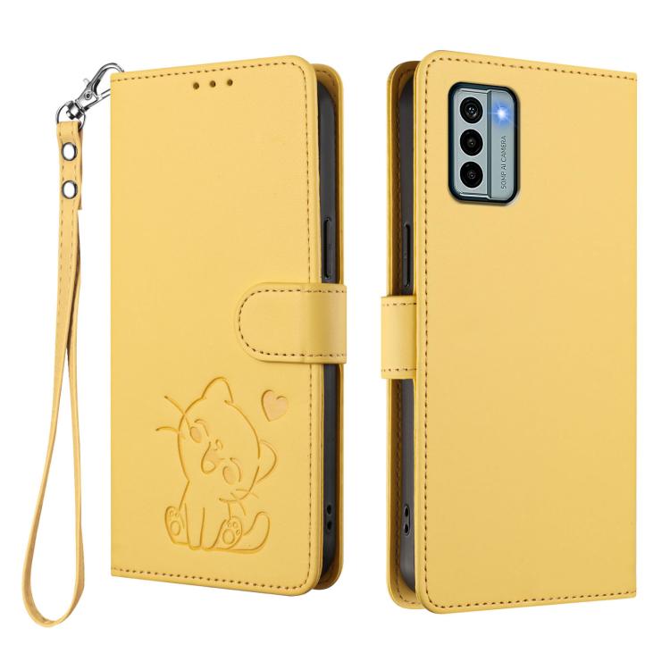 For Nokia G22 Embossed Heart Cat Leather Phone Case with Hand Strap
