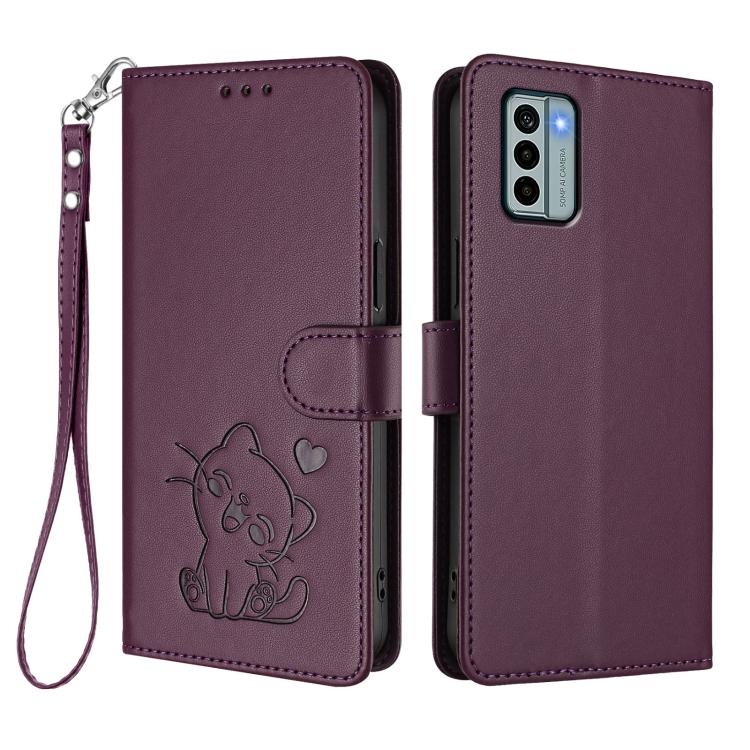 For Nokia G22 Embossed Heart Cat Leather Phone Case with Hand Strap