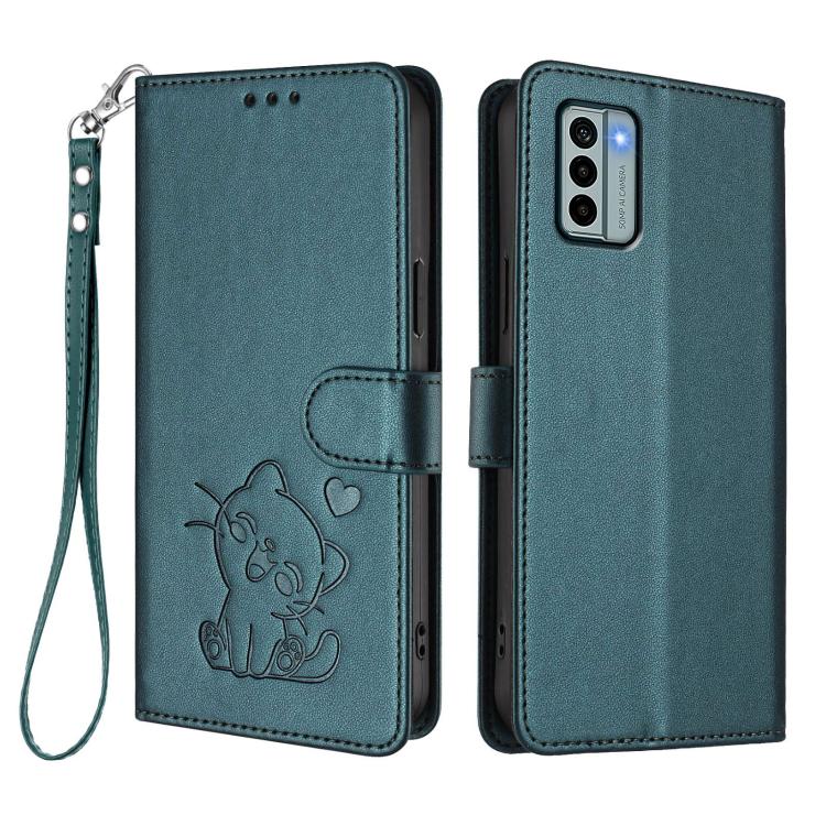 For Nokia G22 Embossed Heart Cat Leather Phone Case with Hand Strap