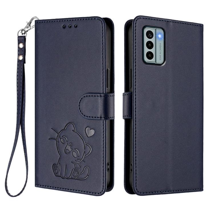 For Nokia G22 Embossed Heart Cat Leather Phone Case with Hand Strap
