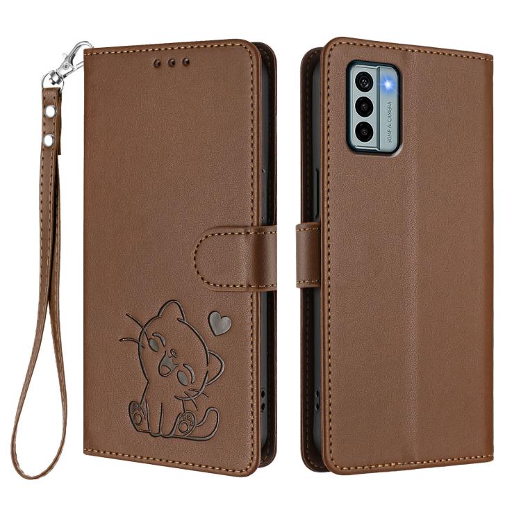 For Nokia G22 Embossed Heart Cat Leather Phone Case with Hand Strap