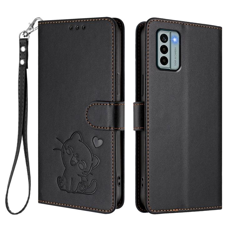For Nokia G22 Embossed Heart Cat Leather Phone Case with Hand Strap