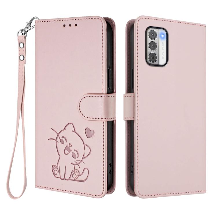 For Nokia G42 / G310 Embossed Heart Cat Leather Phone Case with Hand Strap