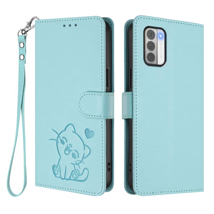 For Nokia G42 / G310 Embossed Heart Cat Leather Phone Case with Hand Strap