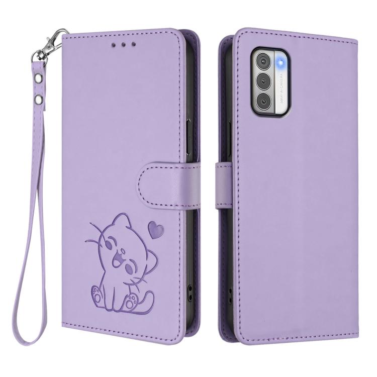 For Nokia G42 / G310 Embossed Heart Cat Leather Phone Case with Hand Strap