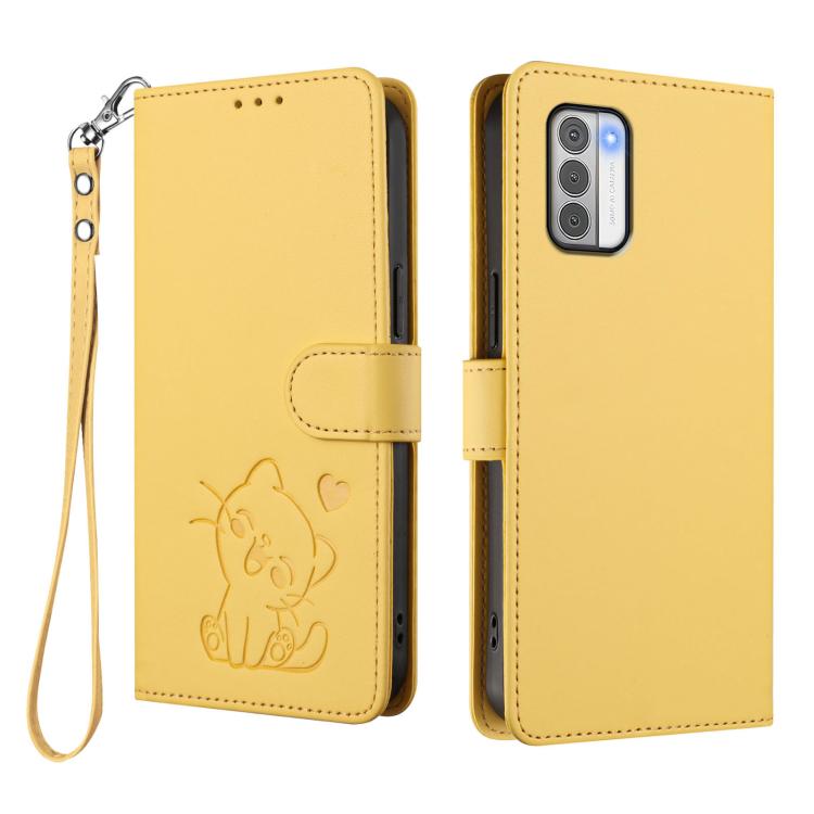 For Nokia G42 / G310 Embossed Heart Cat Leather Phone Case with Hand Strap