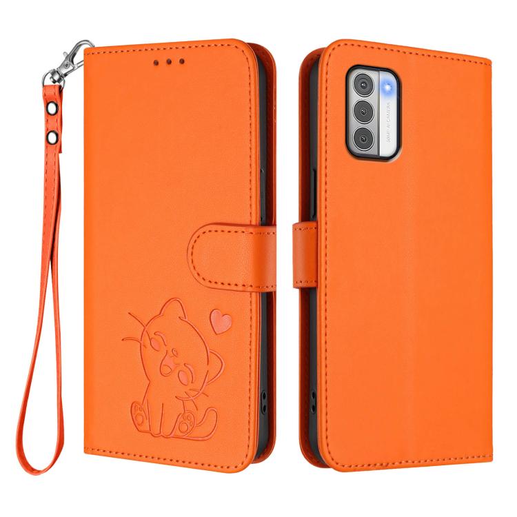 For Nokia G42 / G310 Embossed Heart Cat Leather Phone Case with Hand Strap