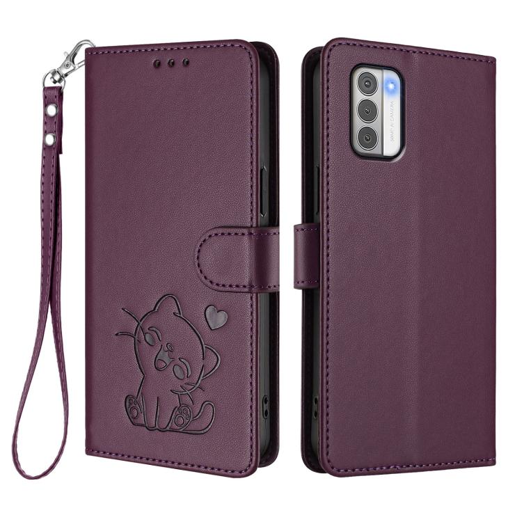 For Nokia G42 / G310 Embossed Heart Cat Leather Phone Case with Hand Strap