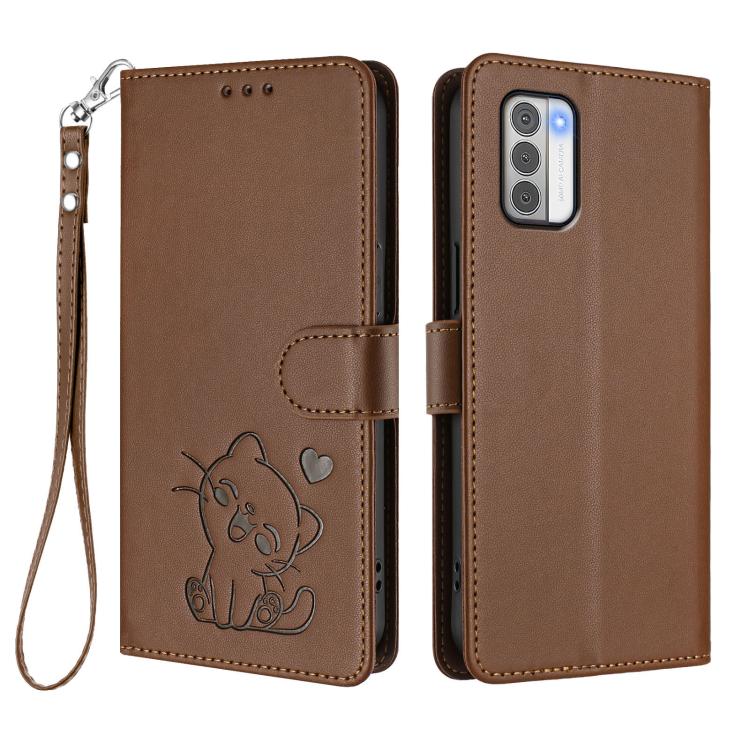 For Nokia G42 / G310 Embossed Heart Cat Leather Phone Case with Hand Strap