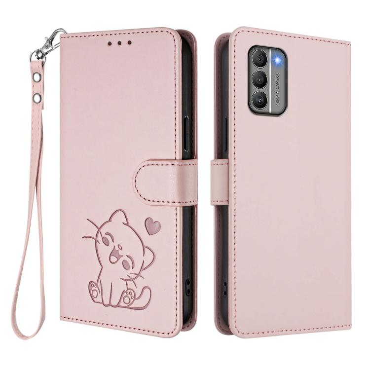For Nokia G400 Embossed Heart Cat Leather Phone Case with Hand Strap