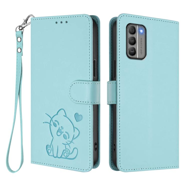 For Nokia G400 Embossed Heart Cat Leather Phone Case with Hand Strap