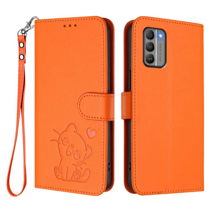 For Nokia G400 Embossed Heart Cat Leather Phone Case with Hand Strap