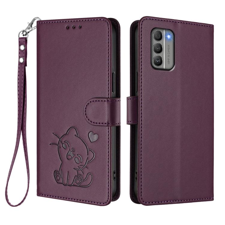 For Nokia G400 Embossed Heart Cat Leather Phone Case with Hand Strap