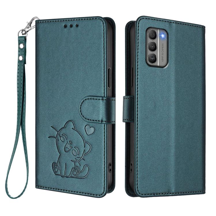 For Nokia G400 Embossed Heart Cat Leather Phone Case with Hand Strap