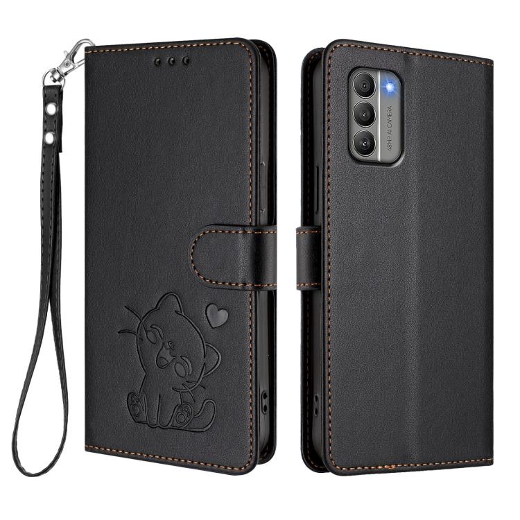 For Nokia G400 Embossed Heart Cat Leather Phone Case with Hand Strap