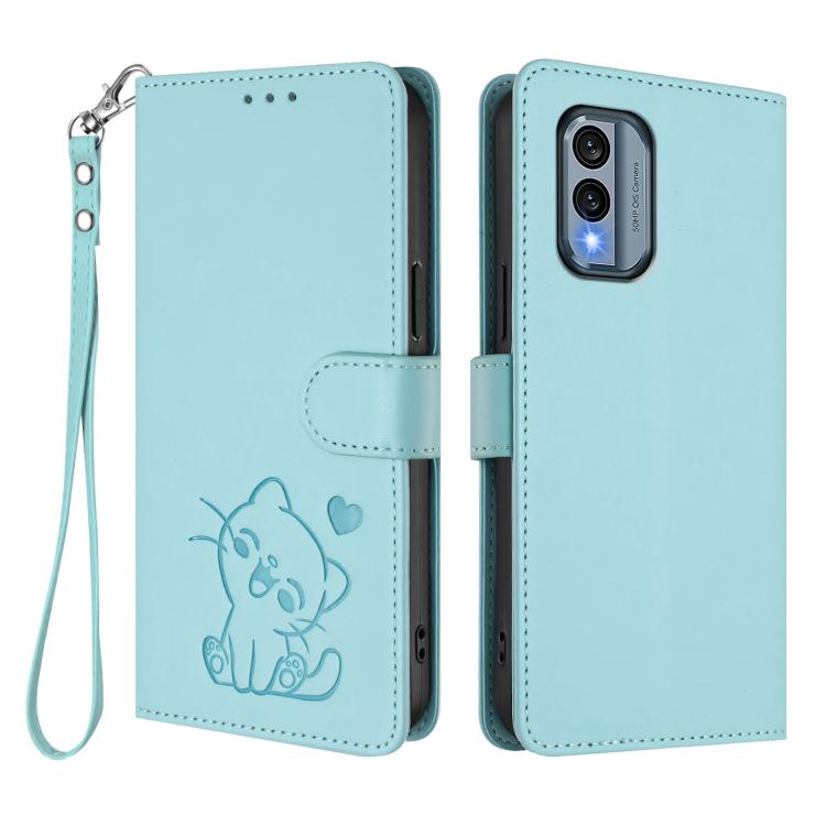 For Nokia X30 Embossed Heart Cat Leather Phone Case with Hand Strap