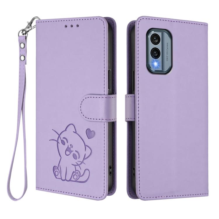 For Nokia X30 Embossed Heart Cat Leather Phone Case with Hand Strap