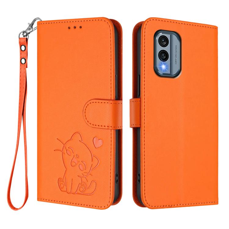 For Nokia X30 Embossed Heart Cat Leather Phone Case with Hand Strap
