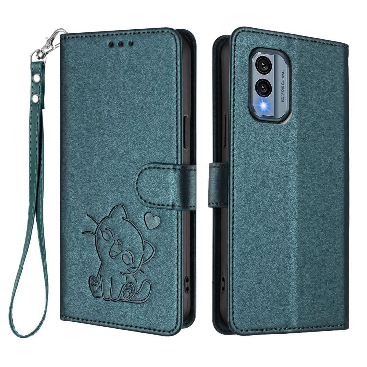 For Nokia X30 Embossed Heart Cat Leather Phone Case with Hand Strap