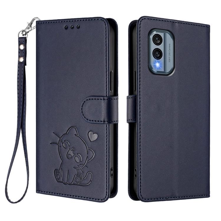 For Nokia X30 Embossed Heart Cat Leather Phone Case with Hand Strap