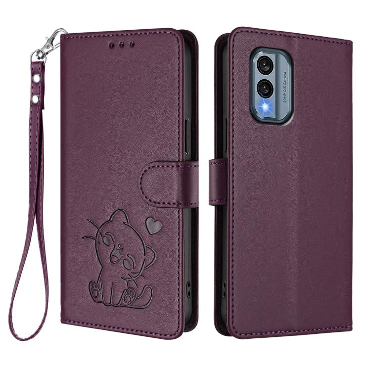 For Nokia X30 Embossed Heart Cat Leather Phone Case with Hand Strap