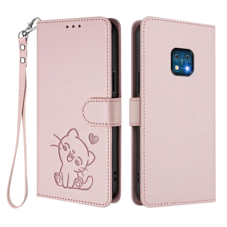 For Nokia XR20 Embossed Heart Cat Leather Phone Case with Hand Strap
