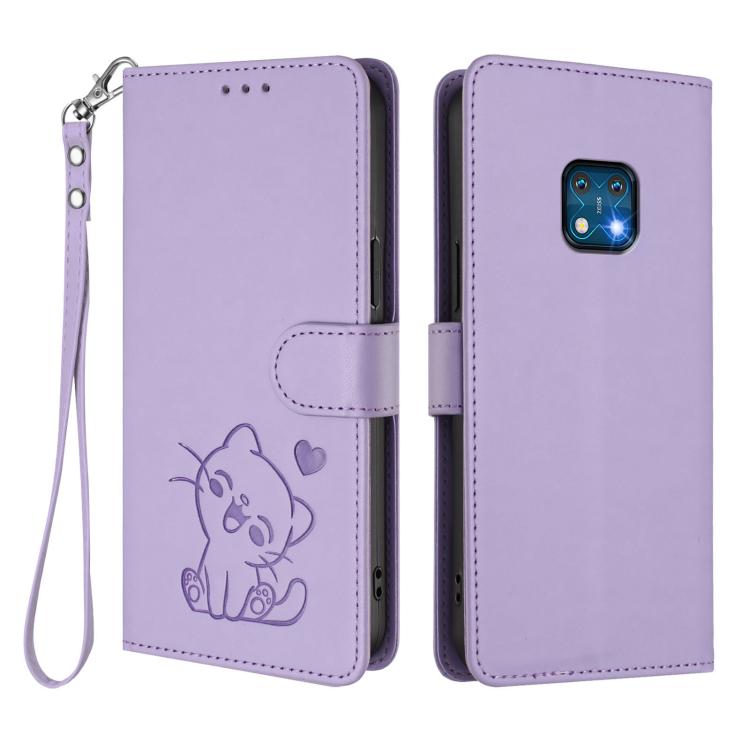 For Nokia XR20 Embossed Heart Cat Leather Phone Case with Hand Strap