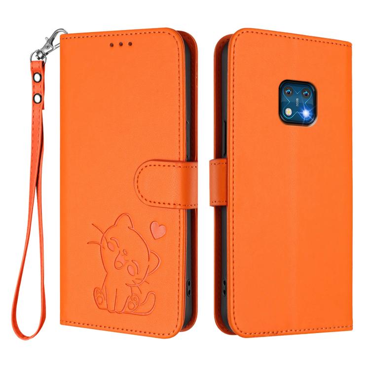 For Nokia XR20 Embossed Heart Cat Leather Phone Case with Hand Strap