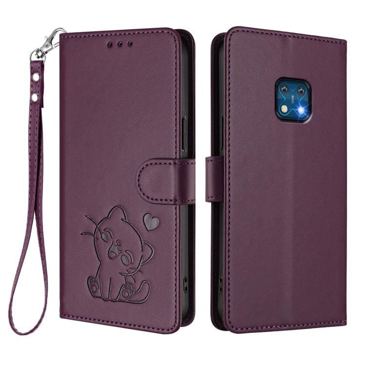 For Nokia XR20 Embossed Heart Cat Leather Phone Case with Hand Strap