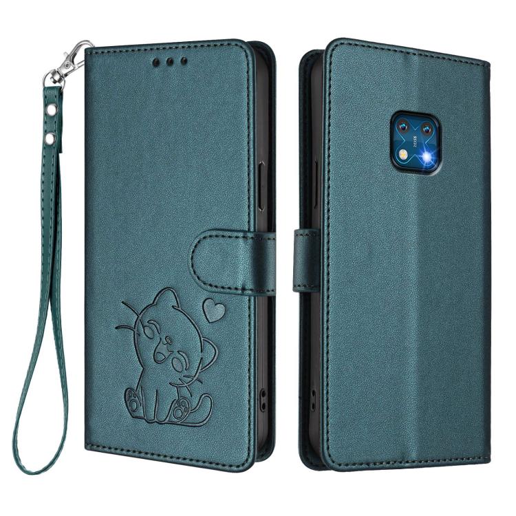 For Nokia XR20 Embossed Heart Cat Leather Phone Case with Hand Strap