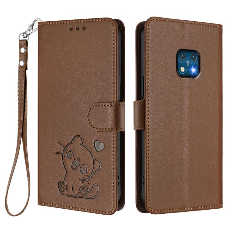 For Nokia XR20 Embossed Heart Cat Leather Phone Case with Hand Strap
