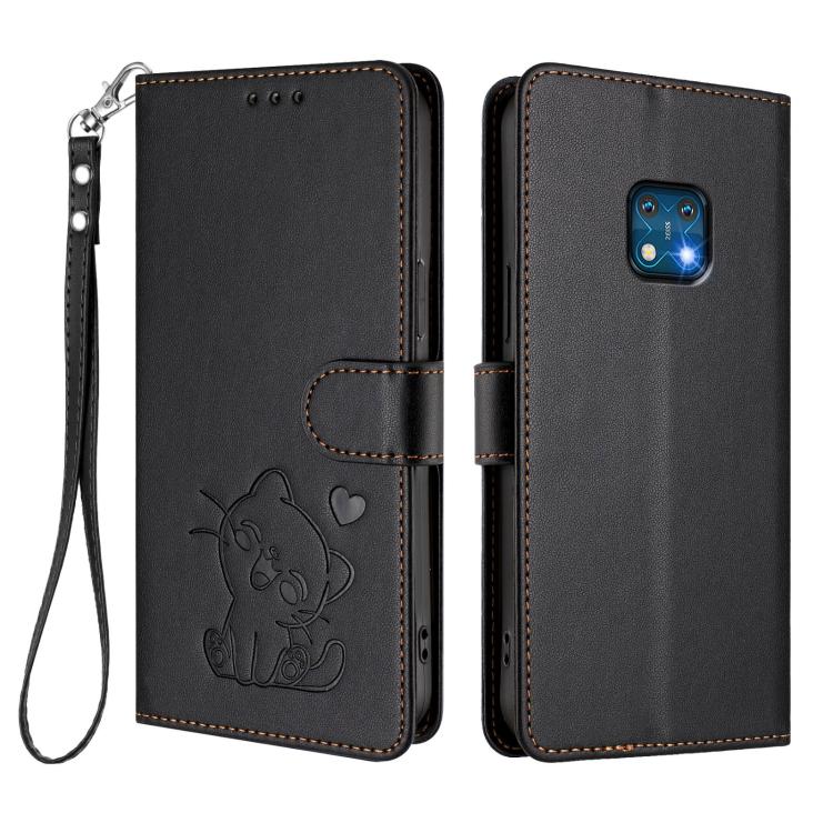 For Nokia XR20 Embossed Heart Cat Leather Phone Case with Hand Strap