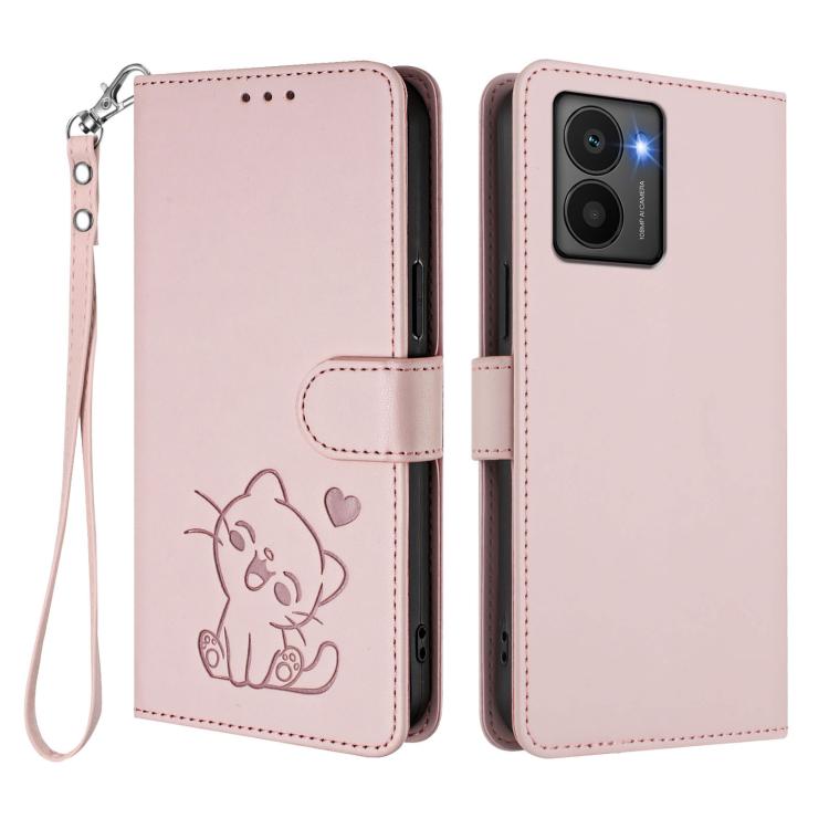 For HMD Fuison Embossed Heart Cat Leather Phone Case with Hand Strap