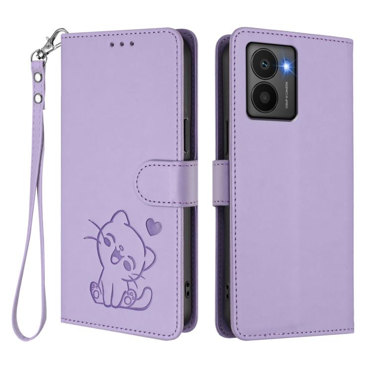 For HMD Fuison Embossed Heart Cat Leather Phone Case with Hand Strap