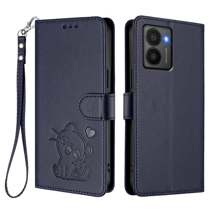 For HMD Fuison Embossed Heart Cat Leather Phone Case with Hand Strap