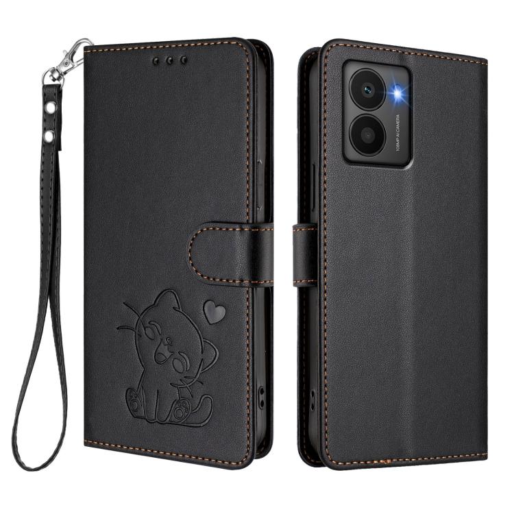 For HMD Fuison Embossed Heart Cat Leather Phone Case with Hand Strap