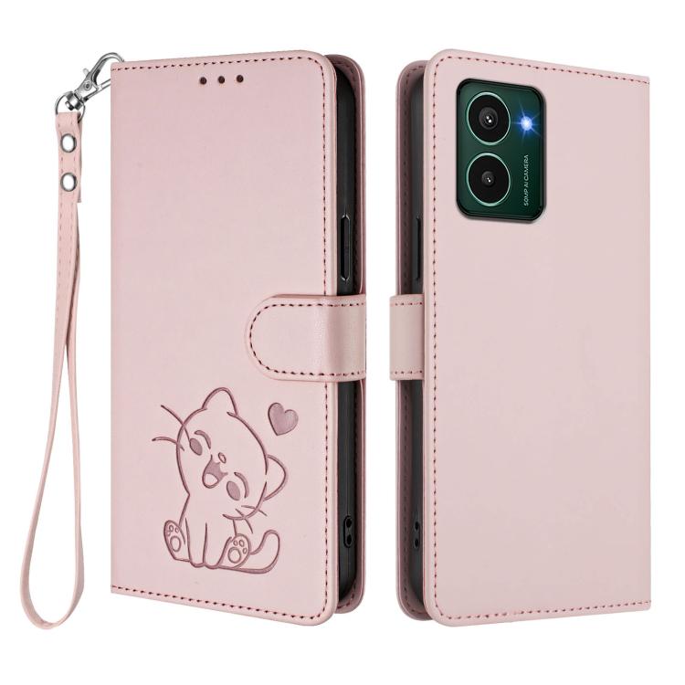 For HMD Pulse Pro / Pulse / Pulse+ Embossed Heart Cat Leather Phone Case with Hand Strap
