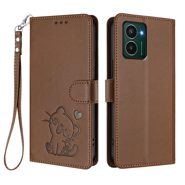 For HMD Pulse Pro / Pulse / Pulse+ Embossed Heart Cat Leather Phone Case with Hand Strap