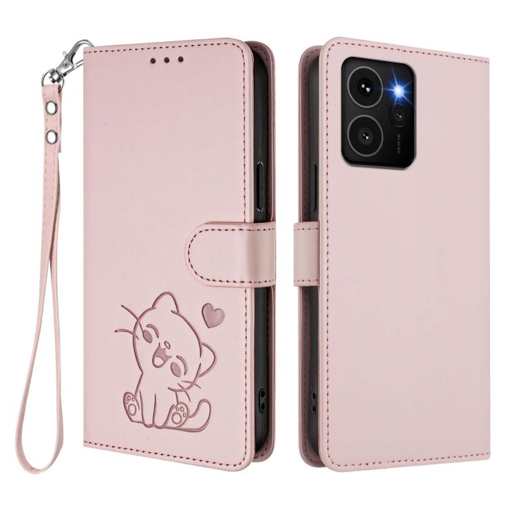 For HMD Skyline Embossed Heart Cat Leather Phone Case with Hand Strap