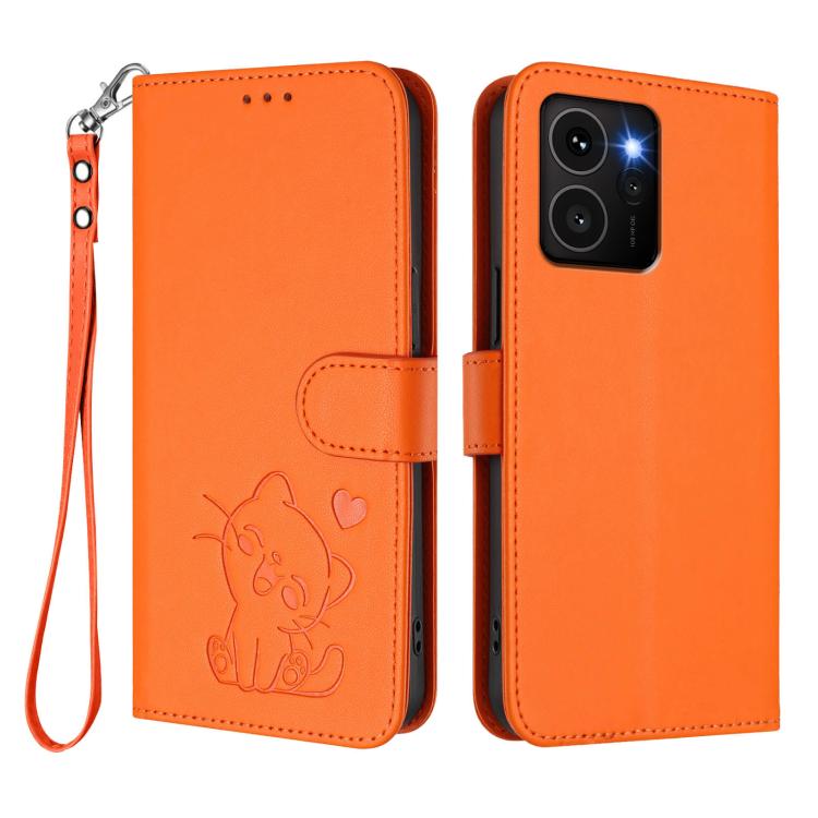 For HMD Skyline Embossed Heart Cat Leather Phone Case with Hand Strap